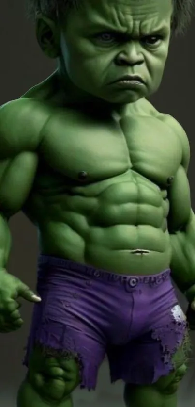 Green muscular cartoon character with purple shorts in humorous pose.