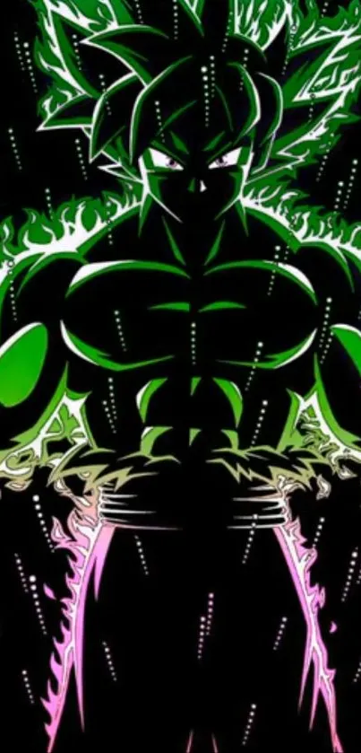 Neon green anime silhouette with vibrant energy on a dark background.