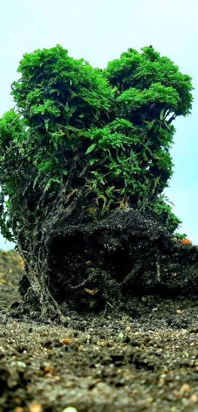 Lush green bonsai tree with earthy soil in vivid detail.