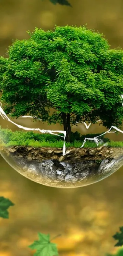 Lush green tree in a glass globe with nature background.