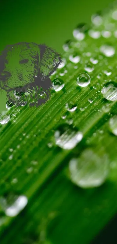 Mobile wallpaper of green leaf with dewdrops and dog sketch.