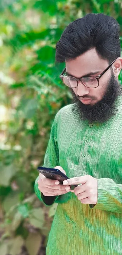 Man in green shirt using phone, surrounded by nature.