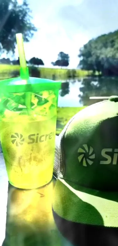 Green nature reflection with vibrant accessories by the lake under a blue sky.