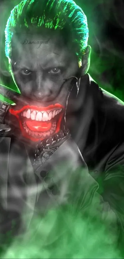 Joker with neon green glow and sinister smile on wallpaper.