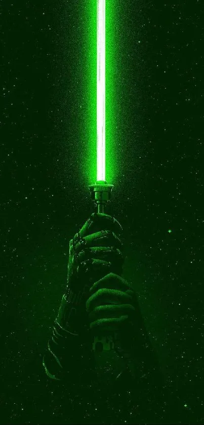 Glowing green neon lightsaber on dark background.