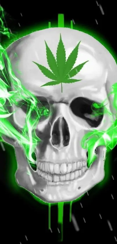 Edgy green neon skull with smoke and leaf design wallpaper.