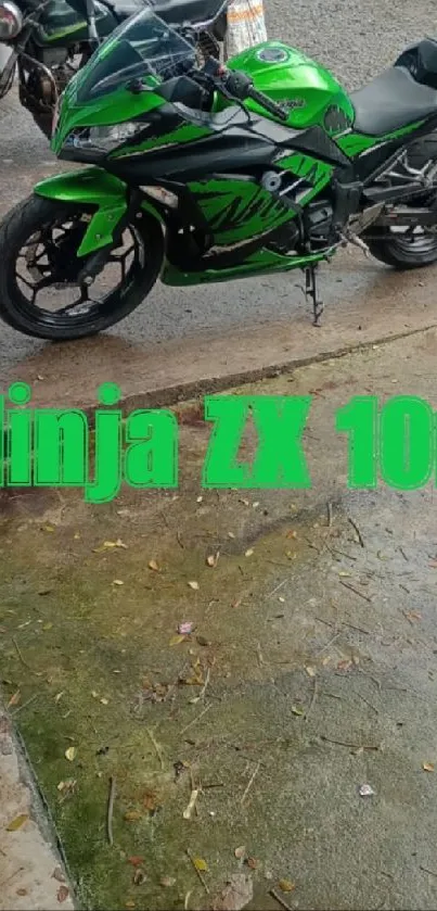 Green Ninja ZX 10r motorcycle on a wet pavement.