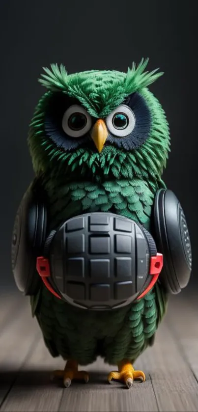 Cute green owl wearing headphones on wood floor.