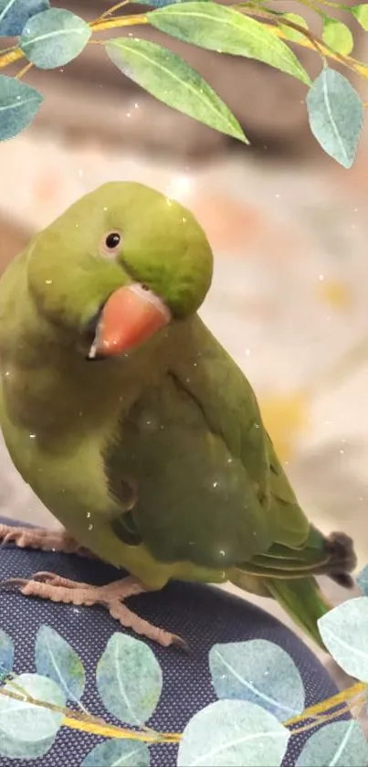 Green parrot with leaf border on phone wallpaper.