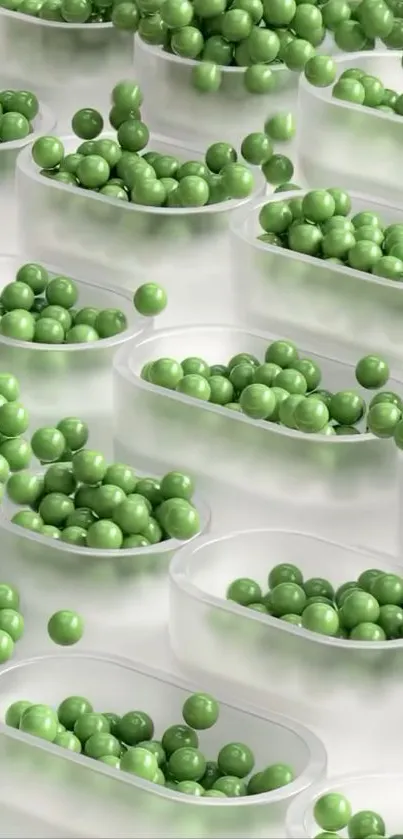 Abundant green peas in translucent containers.