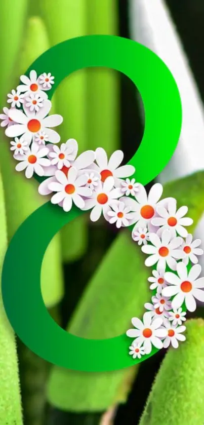 Green number eight with daisies on vibrant background.