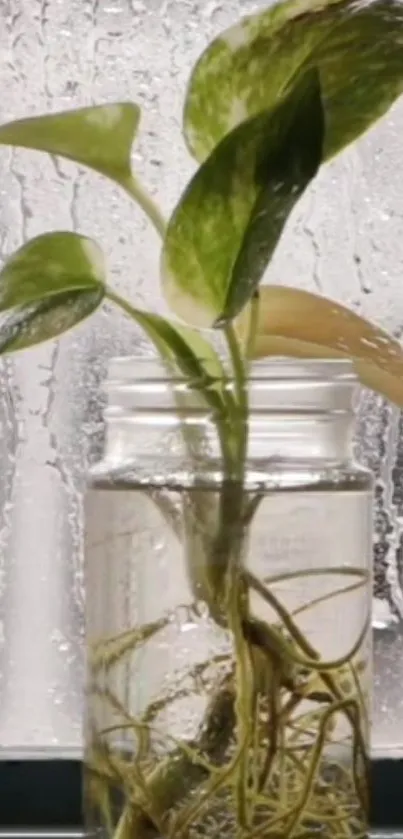 Green plant in a glass jar with raindrops on a window background.