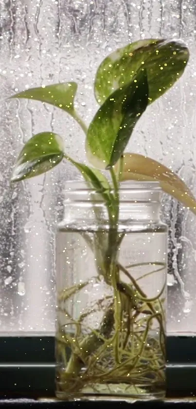 Plant in glass jar with raindrops on window, creating a serene mood.