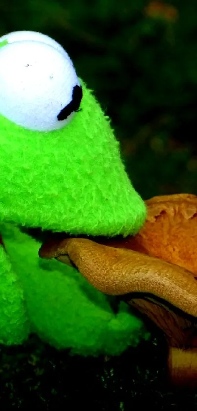 Green puppet interacting with a mushroom in a forest setting.