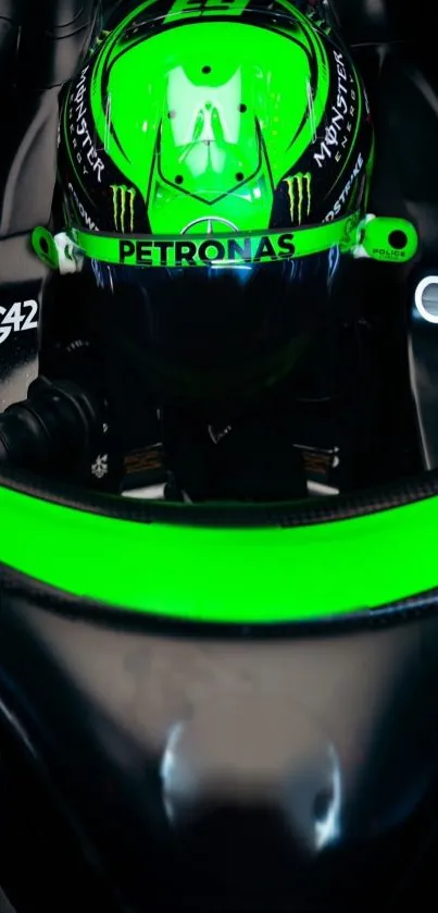 Green racing helmet with sleek black details on a mobile wallpaper.