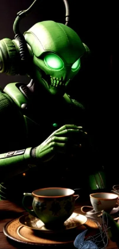 Green robot having tea in a sci-fi setting with glowing neon elements.