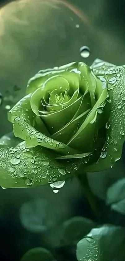 Green rose with dewdrops on dark background wallpaper.