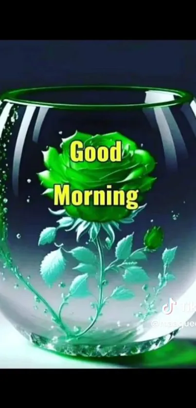 Green rose in glass sphere with 'Good Morning' text.