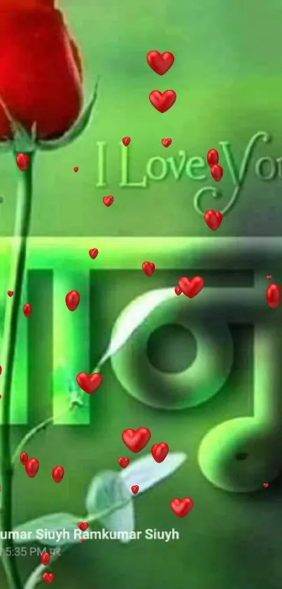 Green wallpaper with red rose and 'I Love You' message.