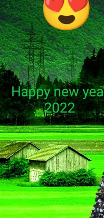 Green landscape with cabin and festive decorations for New Year.