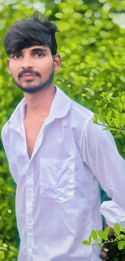 Young man in white shirt in lush green scenery.