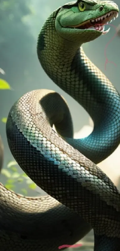 Green snake coiled in jungle foliage, close-up view.