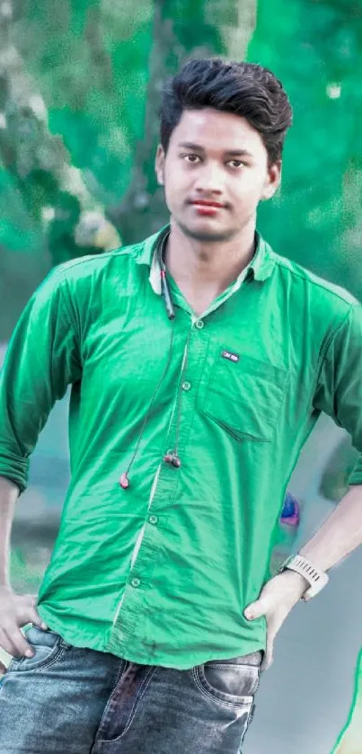 Casual portrait of a young man in a green shirt outdoors.