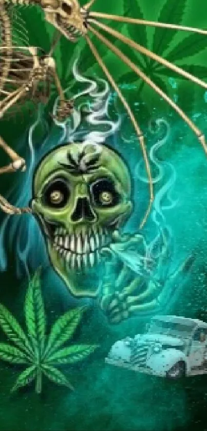 Green skull with smoke and a leaf design on a mobile wallpaper.