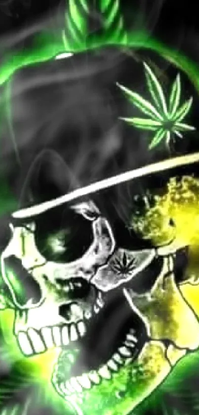 Neon green skull wearing hat with leaves in the background.