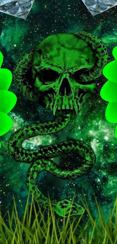 Green skull with a cosmic snake on a starry, mystical background wallpaper.