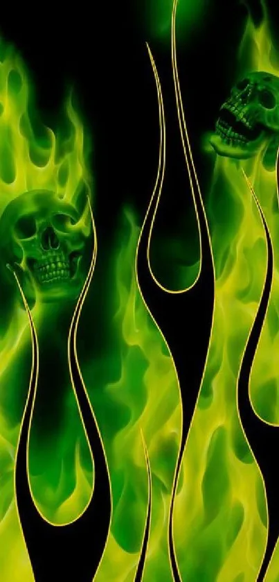 Vibrant green skull flames mobile wallpaper for phones.