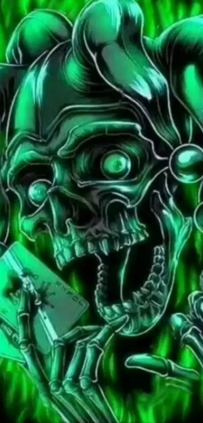 Green skull joker with cards on fire background.