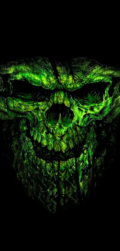 Eerie neon green skull mobile wallpaper on a dark background.