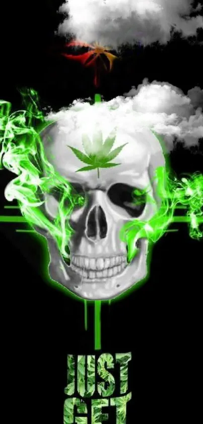 Edgy phone wallpaper with green smoke and skull on black background.