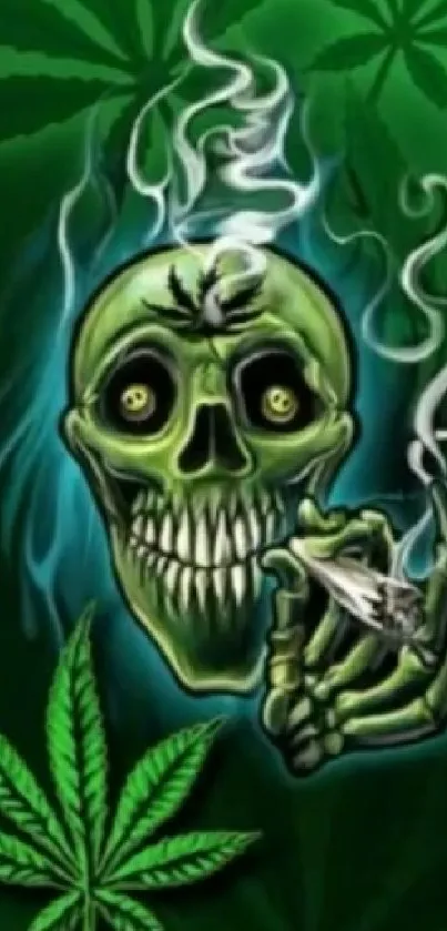 Green skull smoking with leaves design on a vibrant wallpaper.