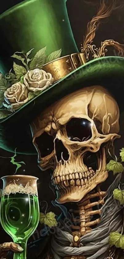 Skull with green top hat and floral accents in gothic style.