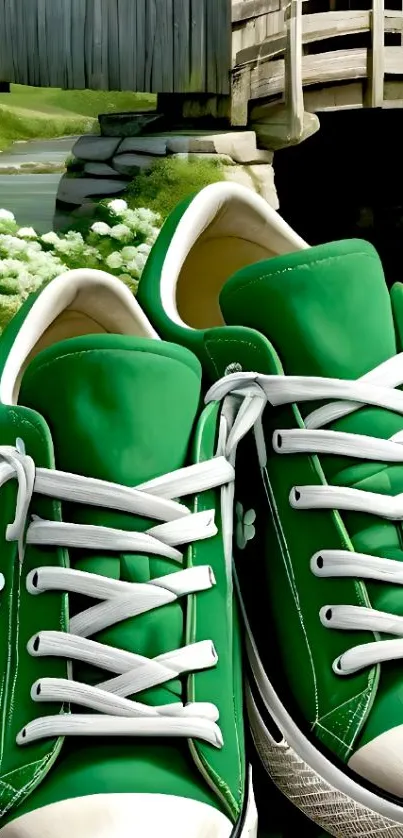 Green sneakers by a wooden bridge in nature setting.