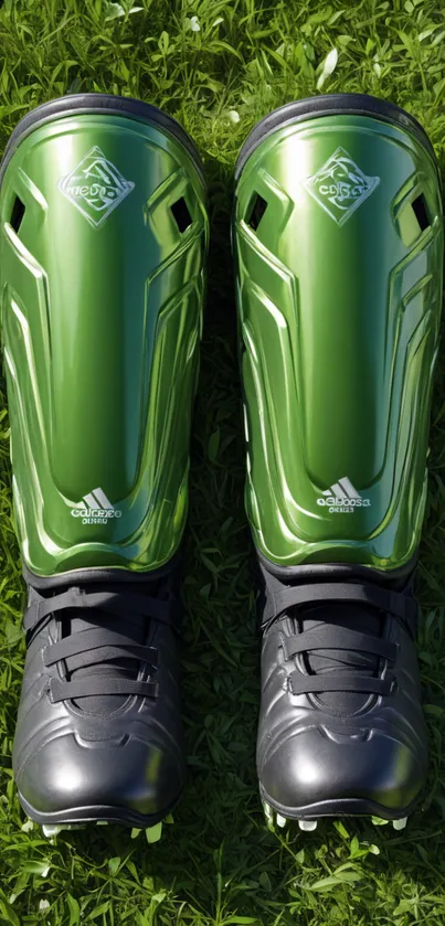 Green soccer shin guards on grass field.