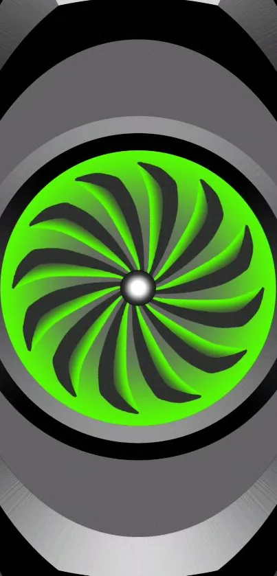 Green spiral abstract design with bold black and gray accents.