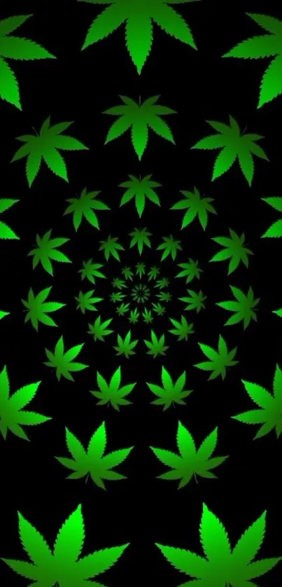 Green spiral leaf pattern on black background mobile wallpaper.