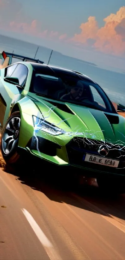 Green sports car racing through desert landscape.