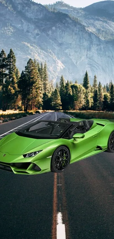 Green sports car on mountain highway with scenic view.