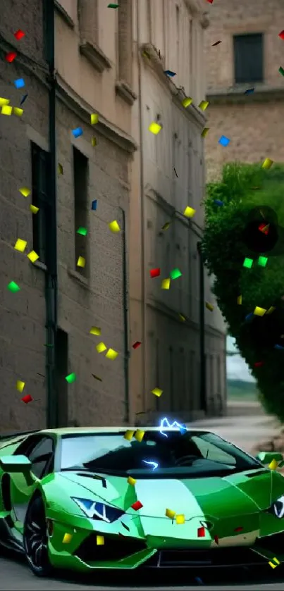 Green sports car in narrow alley with urban backdrop.