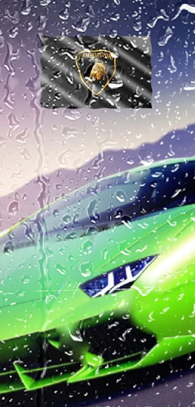 Green sports car wallpaper with raindrops.