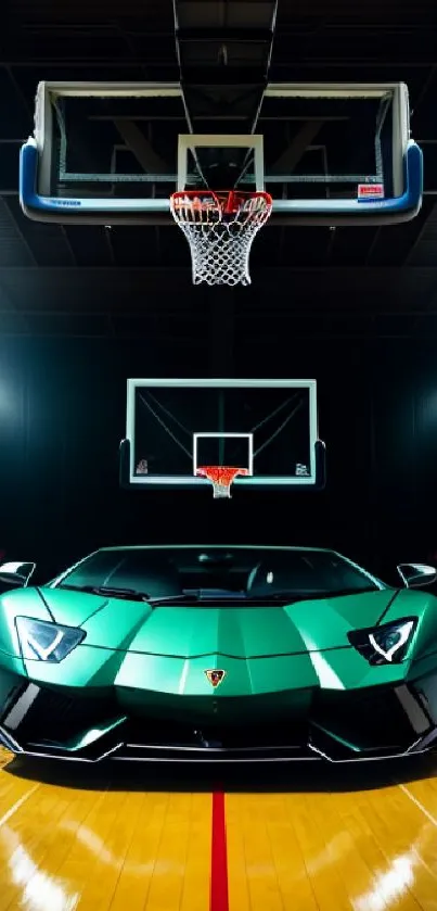 Green sports car on basketball court under stadium lights.