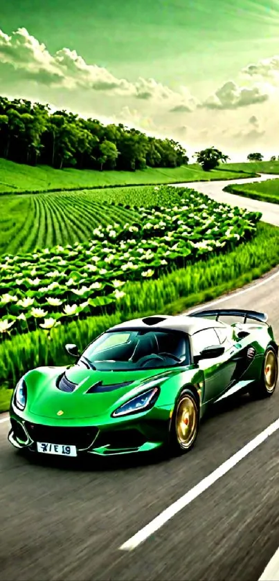 Green sports car driving on a scenic road with lush green surroundings and blue sky.