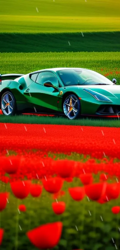 Green sports car driving through colorful fields at sunset.