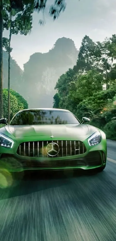 Green sports car driving through lush forest road.