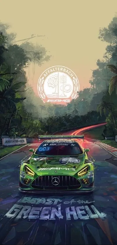 Green sports car on a jungle road at sunset.