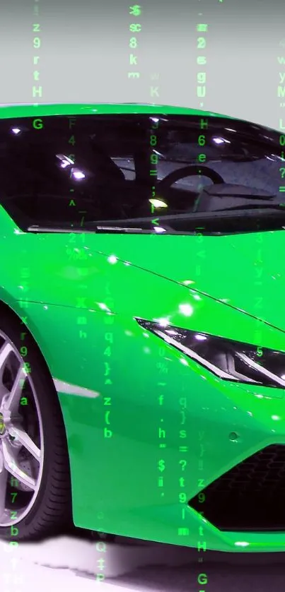 Green sports car with matrix code background.